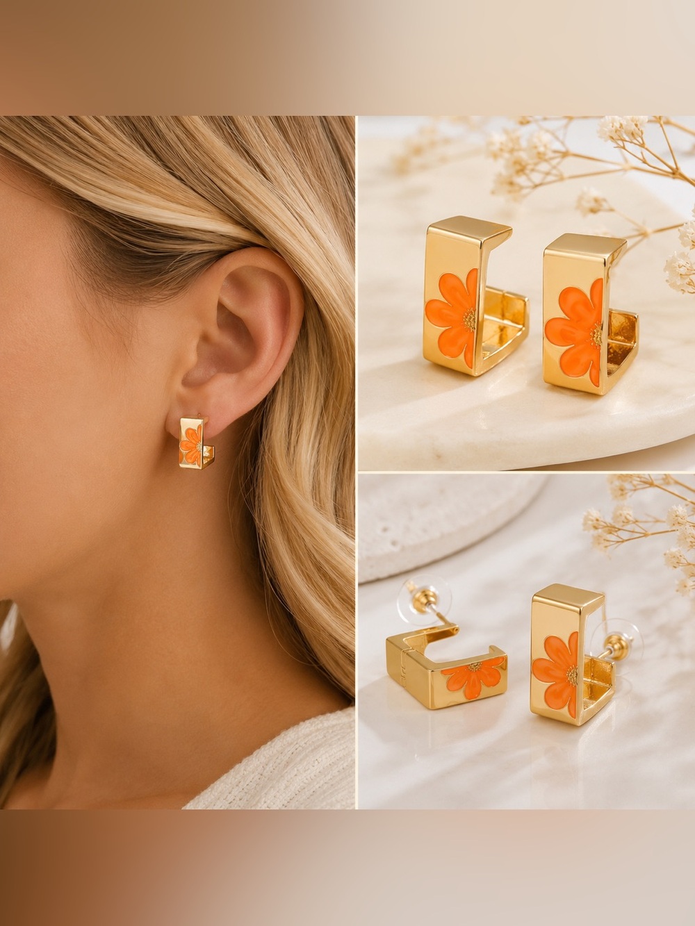 14K Gold Filled Orange Enamel Flower J-Hoop Earrings - Picture 2 of 4